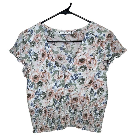 Abercrombie & Fitch A&F Flutter Sleeve Floral Blouse Green Light Peach Size M - Picture 1 of 4